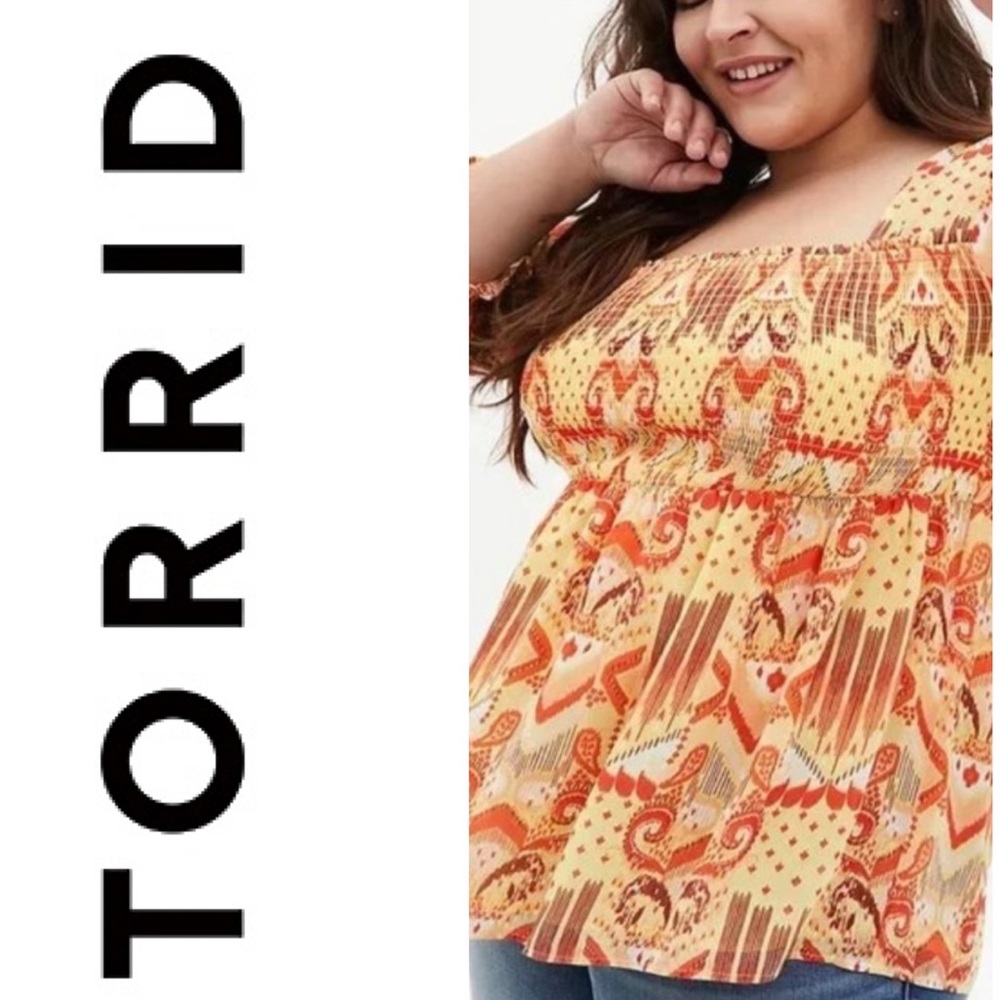 TORRID Womens Yellow Ikat Chiffon Smocked Babydoll Top Blouse Size 0/Large